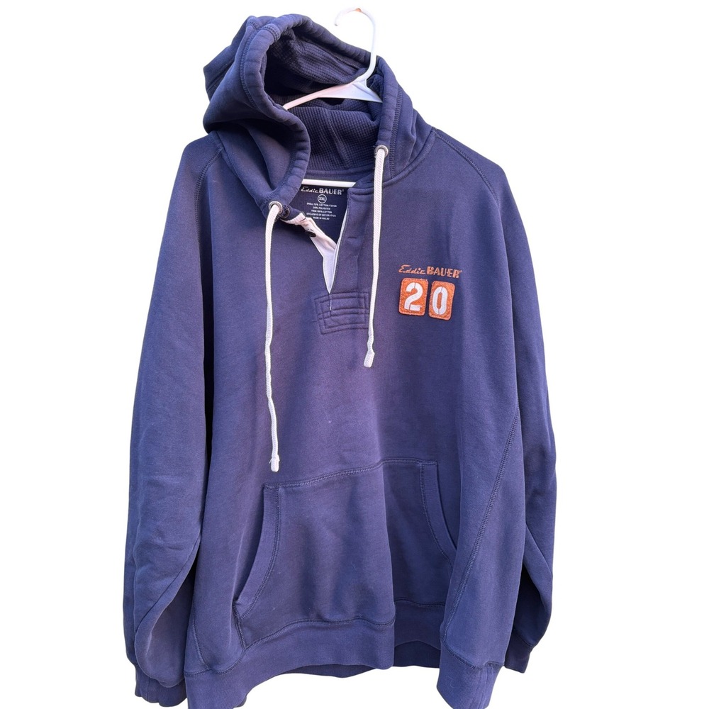 Eddie Bauer Mens XXL Navy Blue Henley Hoodie Waffle Lined Sweatshirt Patch 20